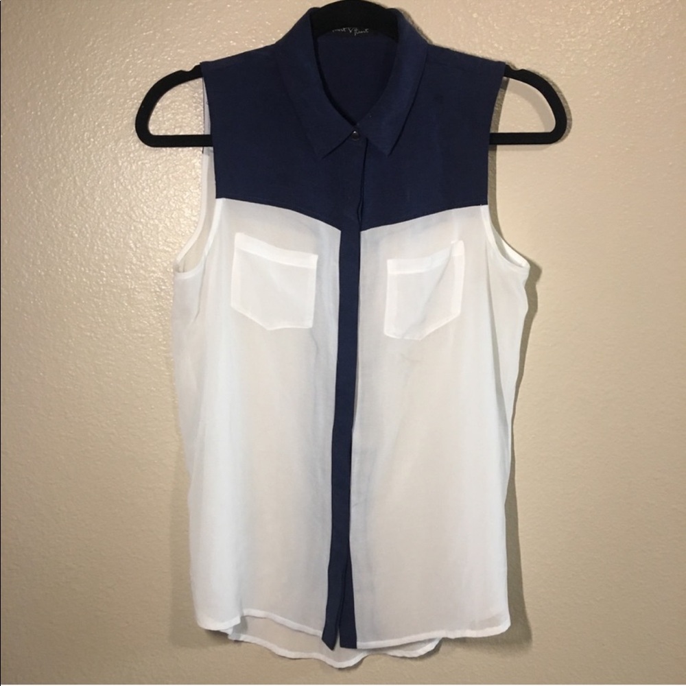 Sleeveless sheer white and Silky navy blue button down collared Blouse